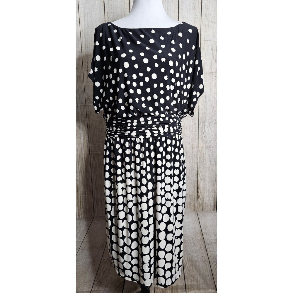 Jessica Howard Dress Womens 14 Black White Dot Ruched Waist Midi Career